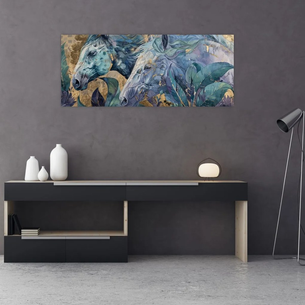 Tablou - Cai cu fundal auriu (120x50 cm)