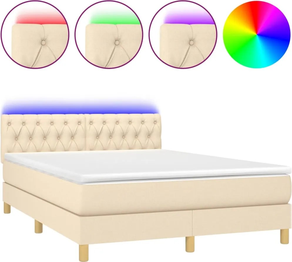 vidaXL Pat cu arcuri, saltea și LED, crem, 140x190 cm, textil
