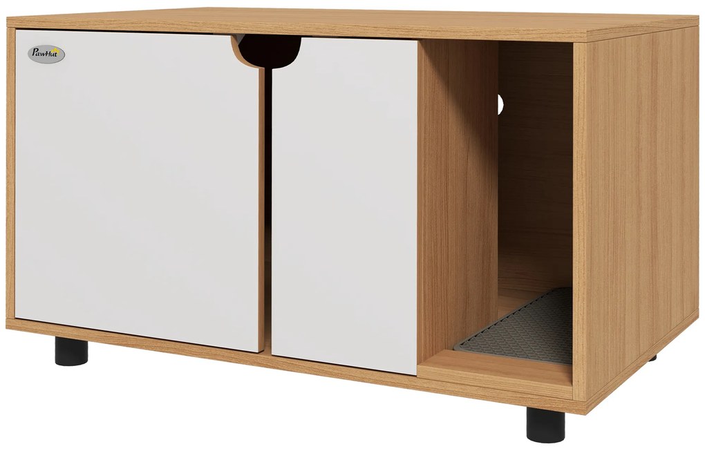 PawHut Mobilier pentru litieră, casă de toaletă pe picioare pentru pisici 2 în 1, uși, stil scandinav 80 x 48 x 48 cm natural și alb | Aosom Romania