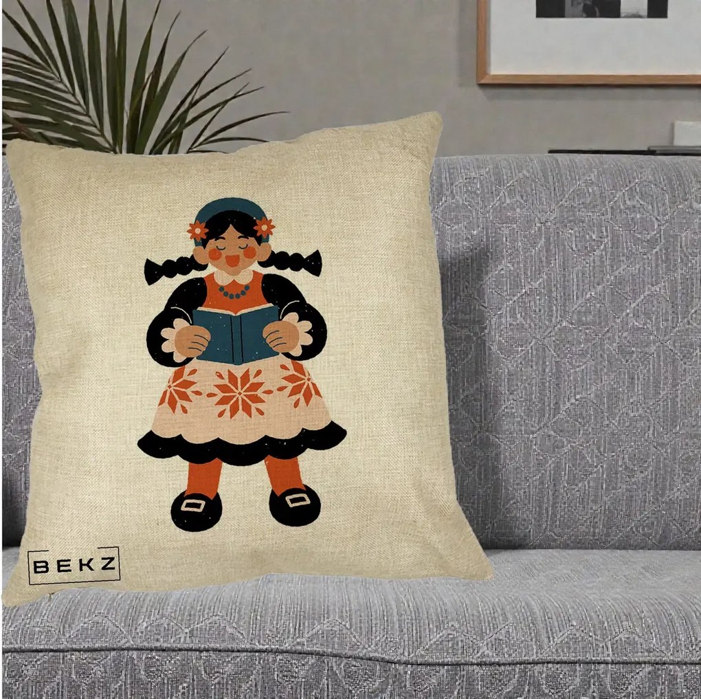 Perna Personalizata Fetita cu Carte Ilustratie Folk, 40x40 cm, Crem, Husa Detasabila, Perna Inclusa, BEKZ®