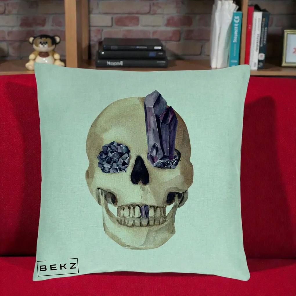 Perna Decorativa Craniu cu Cristale de Ametist, 40x40 cm, Verde Menta, Husa Detasabila, Perna Inclusa, BEKZ®