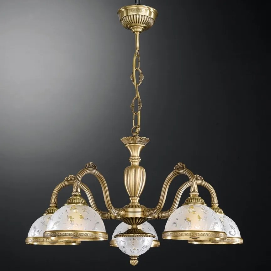 Lustra design clasic cu 5 brate din alama si sticla 6202