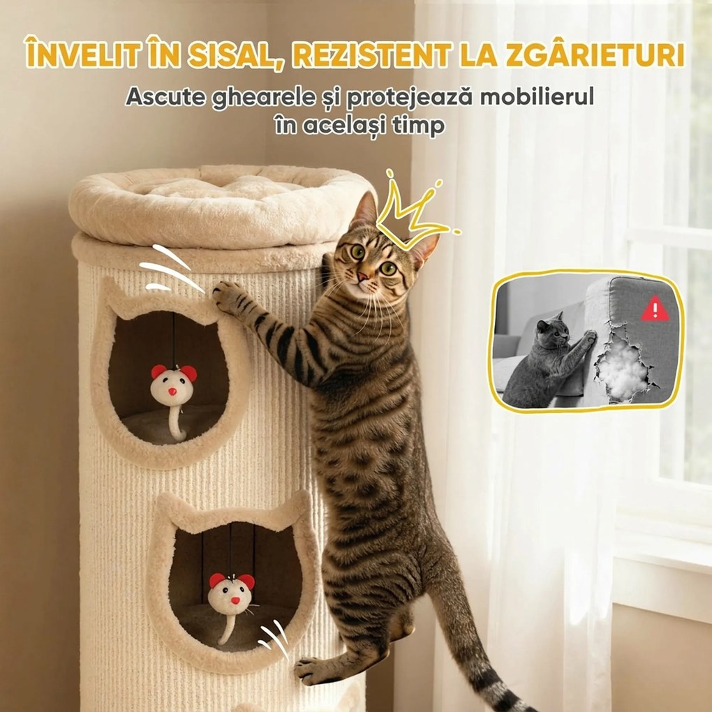 PawHut Turn de zgâriet pentru pisici de 96 cm înălțime, cu 3 căsuțe și un culcuș superior detașabil și lavabil, crem | Aosom Romania