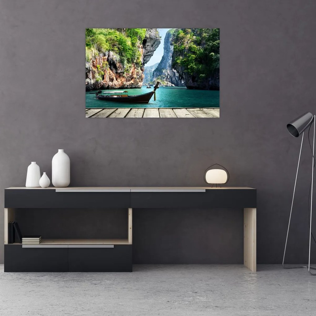 Tablou - Apă peisaj mediteranean cu barca (90x60 cm)