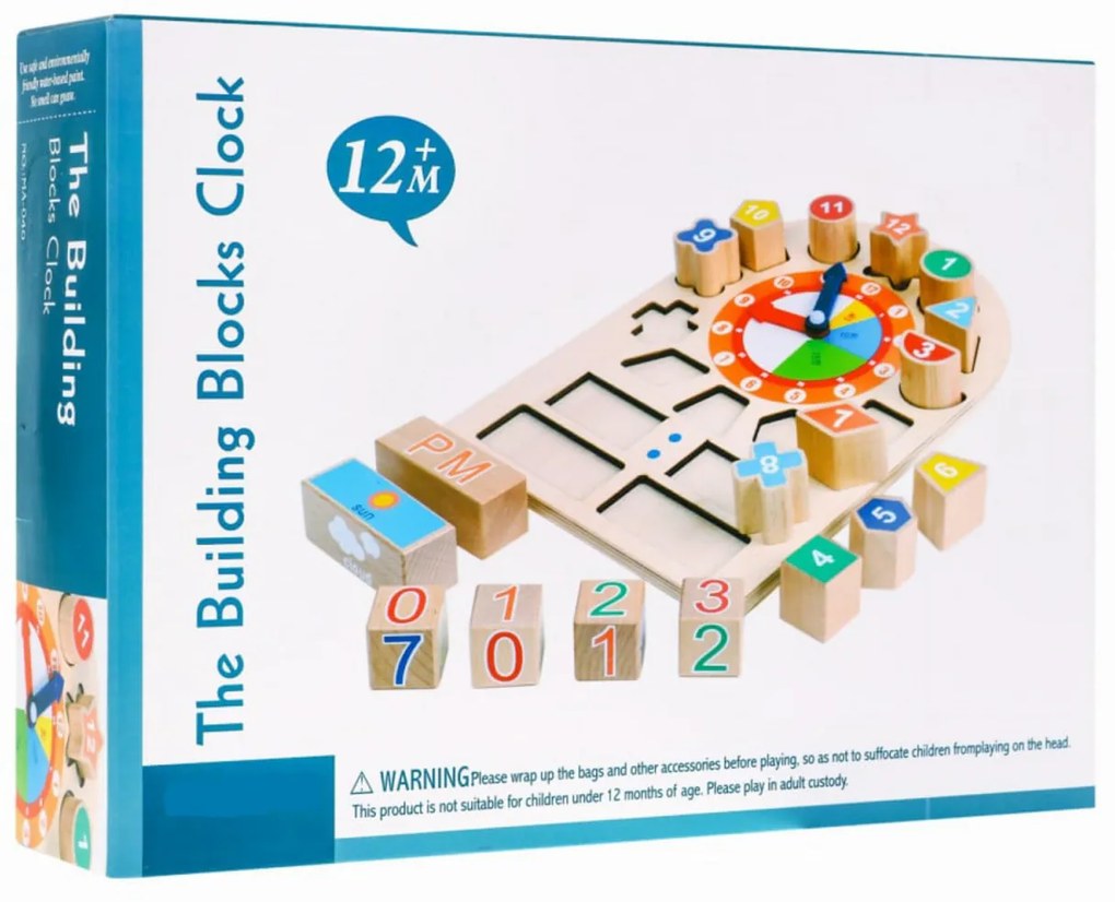 Ceas puzzle 3D tip Montessori din lemn masiv NOVOKIDS™ Learning Clock, 18 piese, Cu forme geometrice si Numere, Materiale Eco, Multicolor