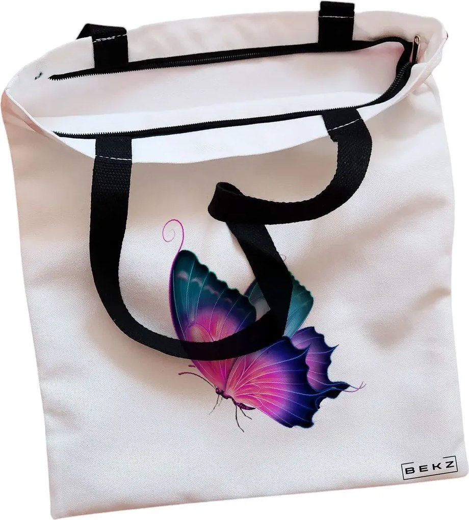 Sacosa de Panza pentru Cumparaturi, Geanta Tote, model Colorful Butterfly, Cu fermoar, 38x34.5 cm, Alba, BEKZ®