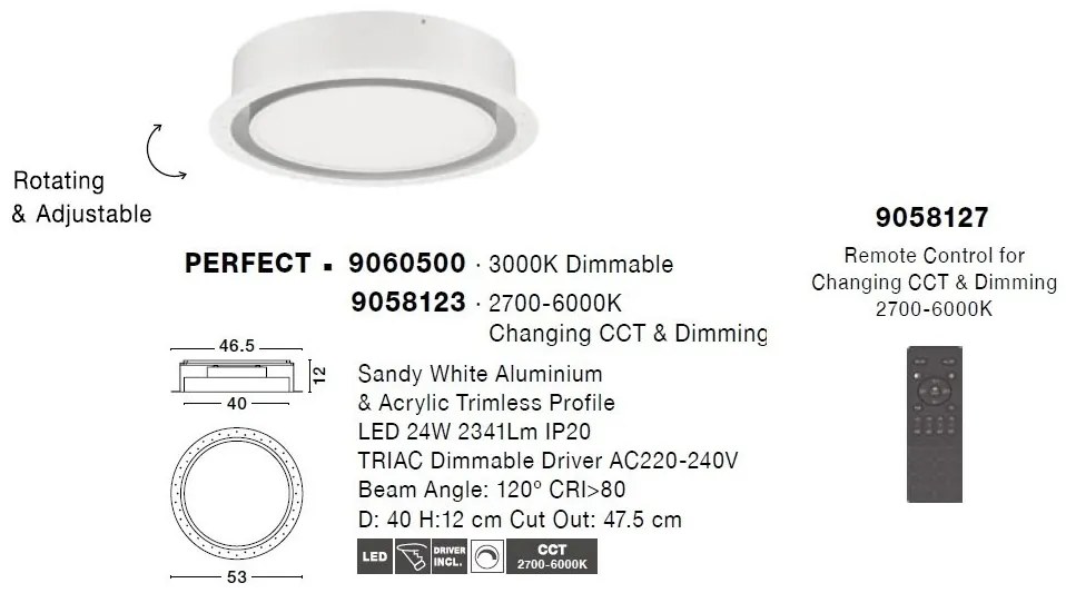 Plafoniera LED incastrabila reglabila PERFECT 40cm alba CCT Dimmable