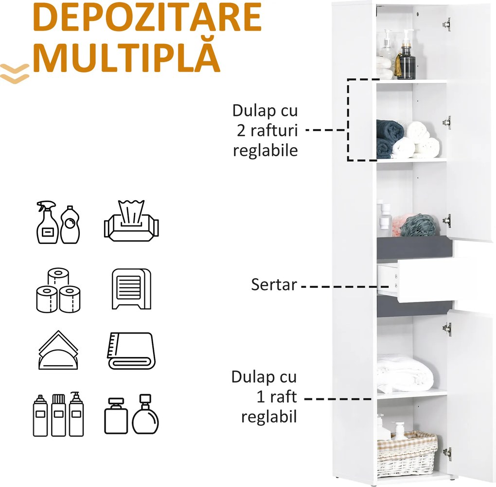 HOMCOM Dulap de Baie tip Coloană, cu 2 Dulapuri cu Polițe Reglabile și Sertar Central, Dulap Baie din Lemn, 35x31x172 cm, Alb | Aosom Romania