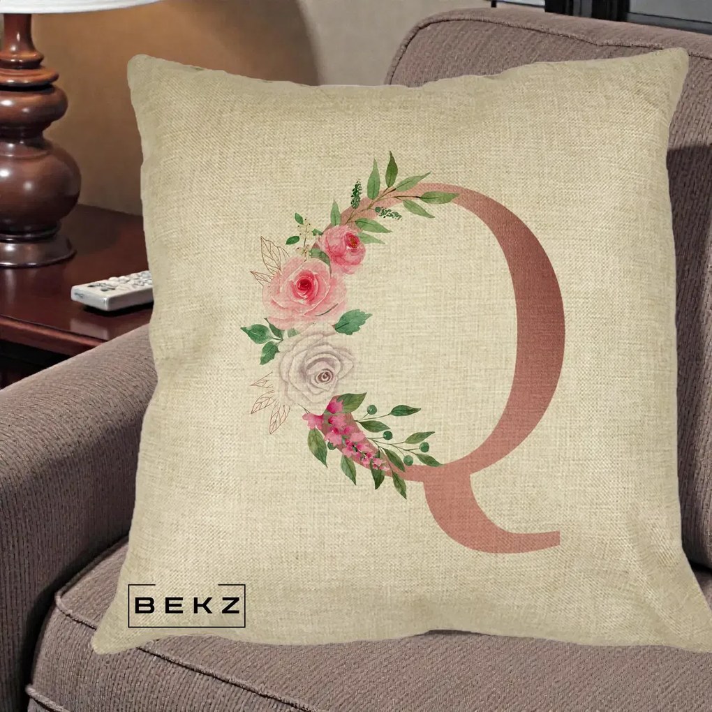 Cadou Personalizat - Perna Personalizata Monograma Rose Gold Litera Q, 40x40 cm, Crem, Husa Detasabila, Perna Inclusa, BEKZ®