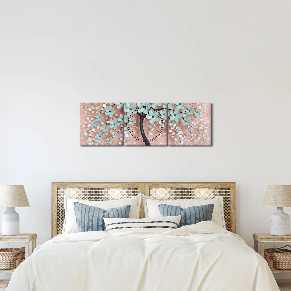 Tablou - Flori albastre în pastel (cu ceas) (90x30 cm)