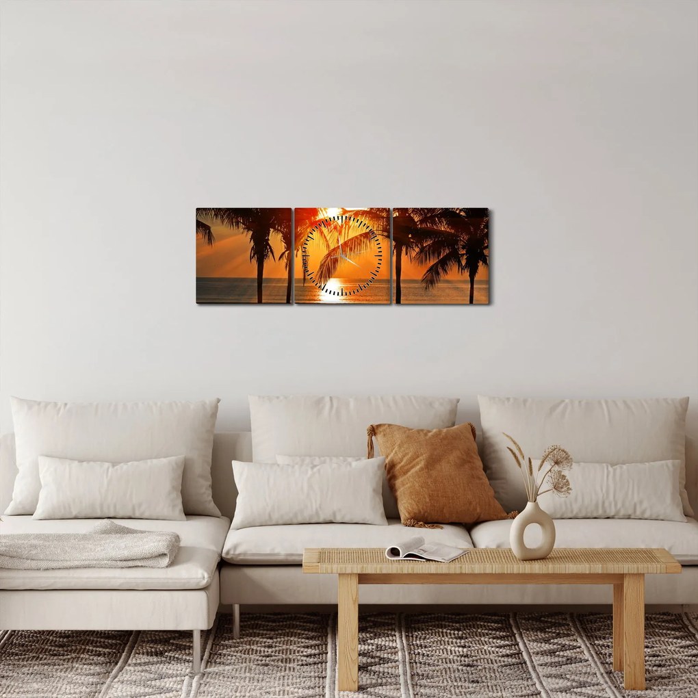 Tablou cu palmier în apus de soare (cu ceas) (90x30 cm)
