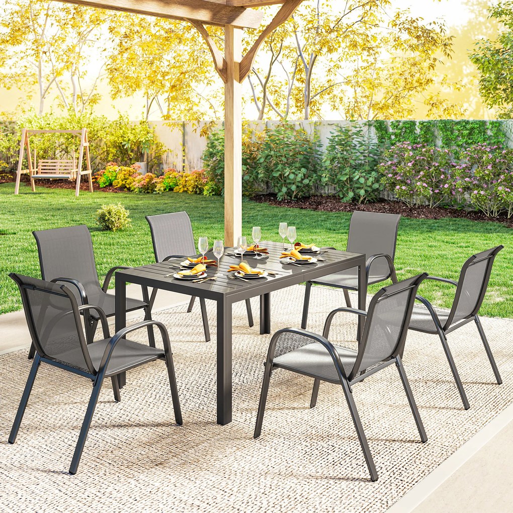 Outsunny Set Masă și Scaune de Grădină 7 Piese, Set Prânz Exterior cu Masă Dreptunghiulară, 6 Scaune Stivuibile din Textilenă, Set Mobilier de Grădină pentru Terasă, Balcon, Patio, Gri Deschis | Aosom Romania