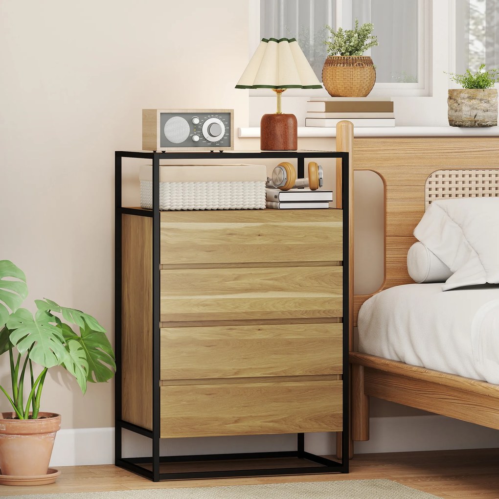 HOMCOM Comodă cu 4 Sertare, Raft Deschis, Oțel, Sticlă Securizată | Aosom Romania