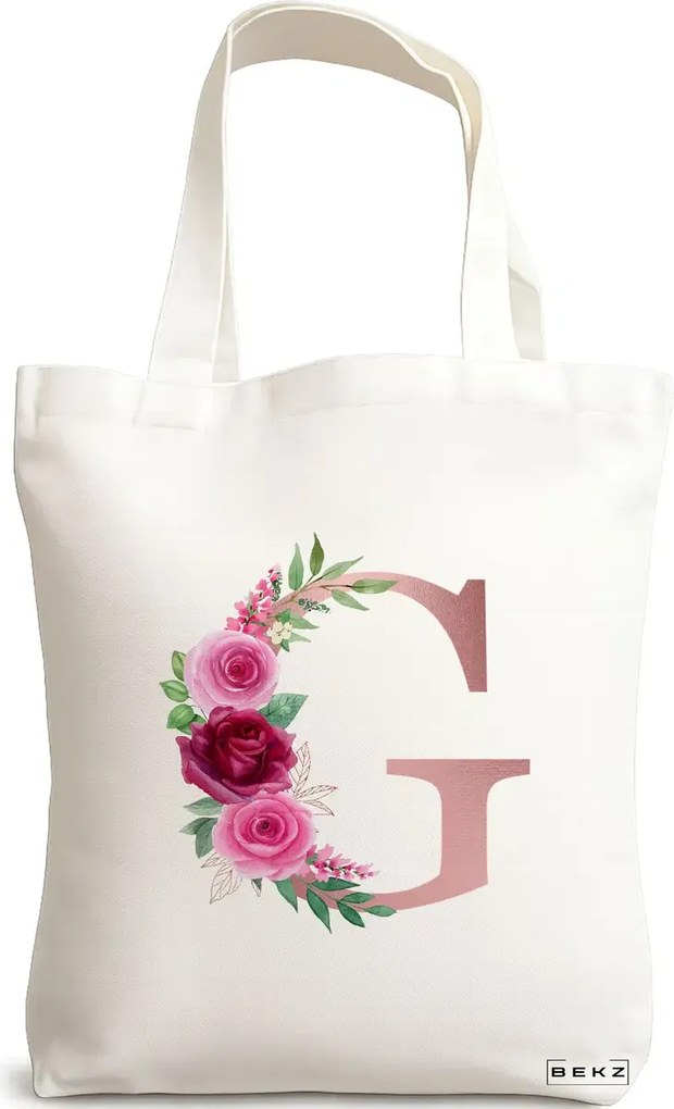 Sacosa de Panza pentru Cumparaturi, Geanta Tote, Cu litera G Rose Gold si Trandafiri, 38x34.5 cm, Alba, BEKZ®