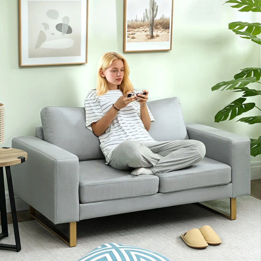 HOMCOM Canapea 2 Locuri, cu Cadru din Lemn Masiv, Piciorușe Metalice, Design Simplu, Hellgrau | Aosom Romania