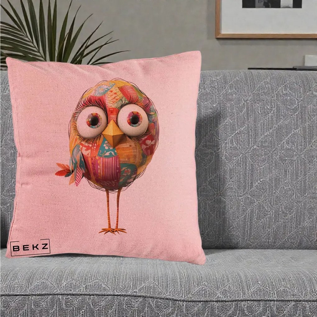 Perna Decorativa Pasare Patchwork cu Gene Lungi, 40x40 cm, Roz, Husa Detasabila, Perna Inclusa, BEKZ®