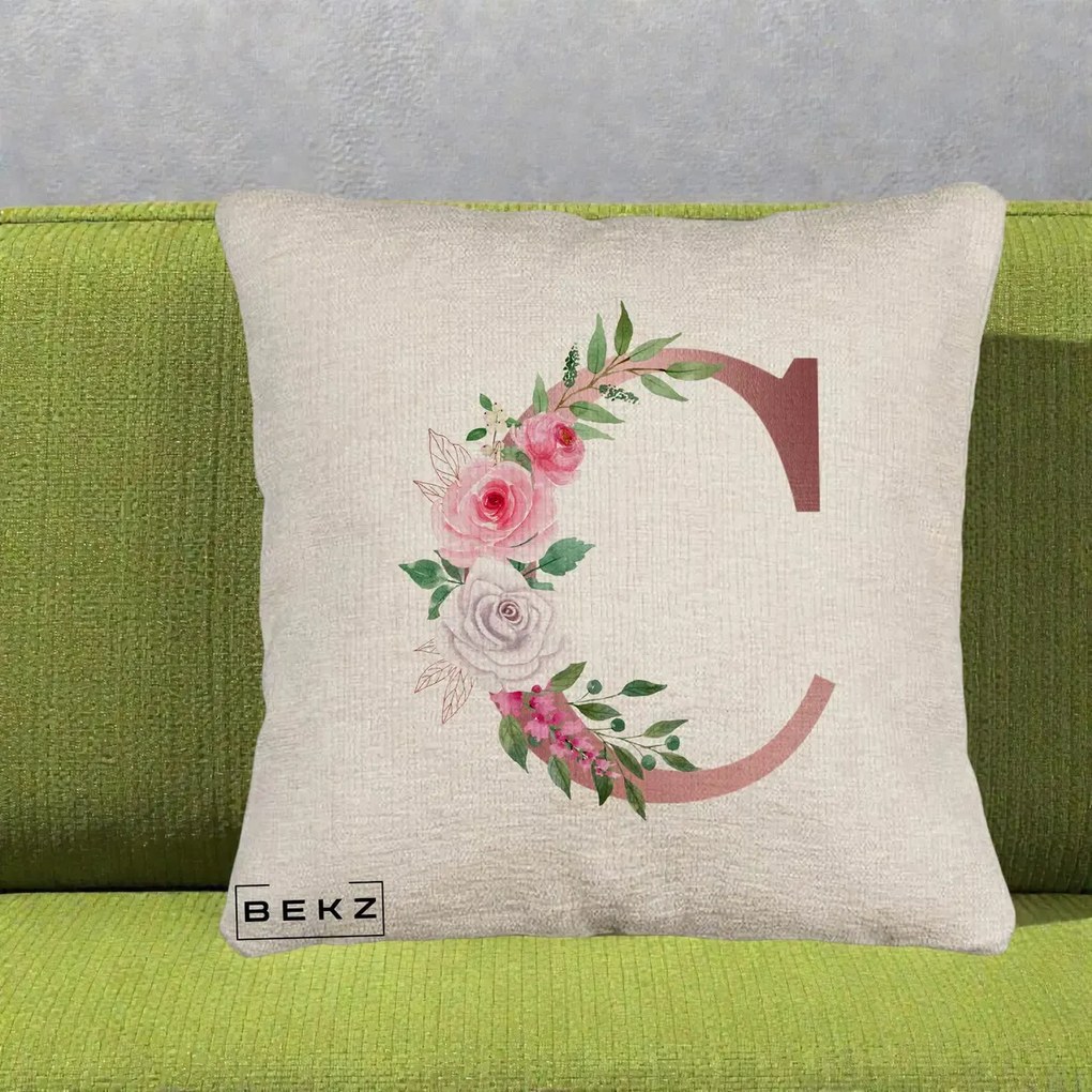 Cadou Personalizat - Perna Personalizata Monograma Rose Gold Litera C, 40x40 cm, Bej Canapea, Husa Detasabila, Perna Inclusa, BEKZ®