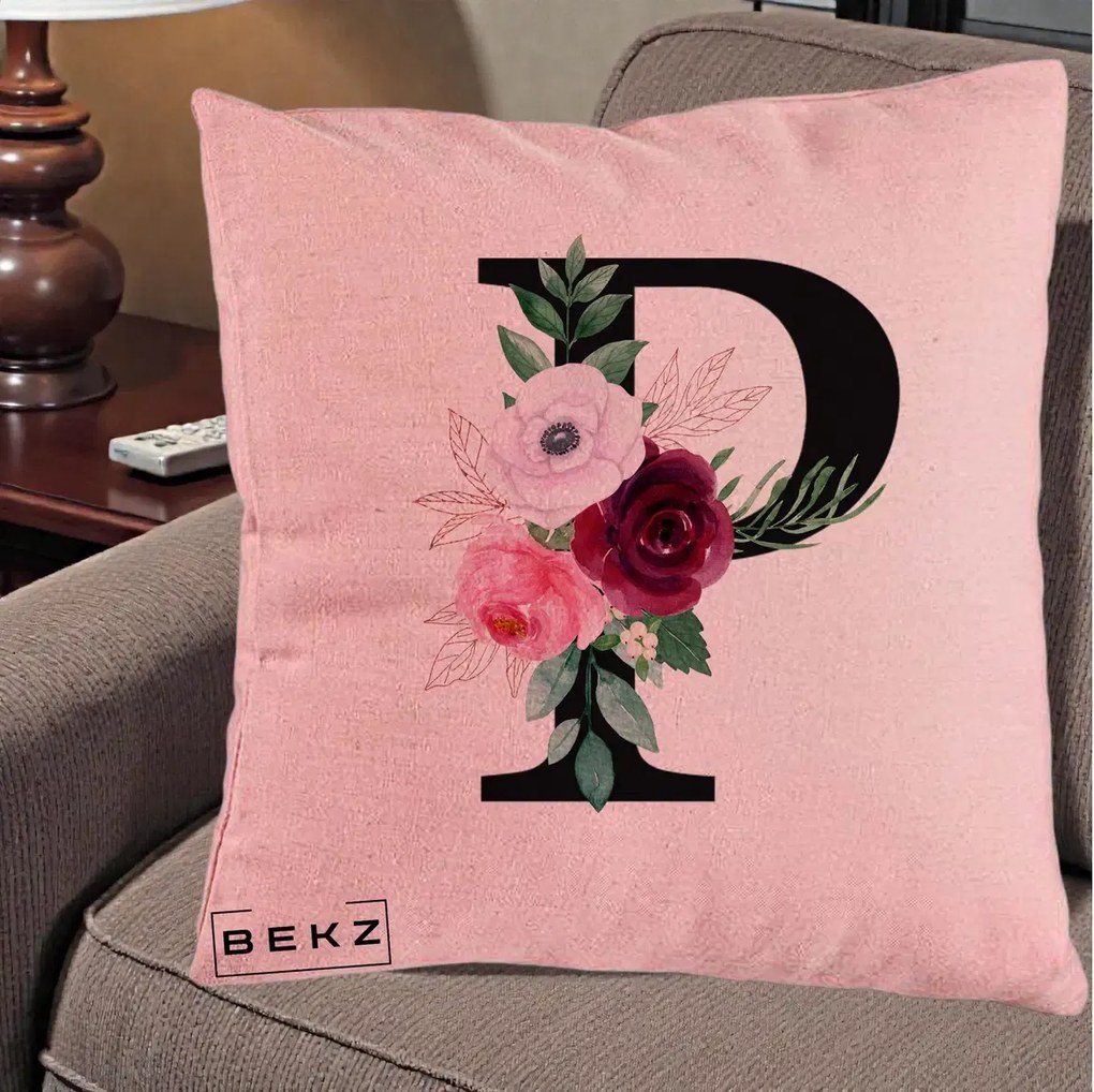 Cadou Personalizat - Perna Personalizata Monograma Florala Litera P, 40x40 cm, Roz, Husa Detasabila, Perna Inclusa, BEKZ®
