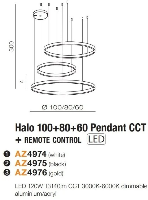 Lustra cu 3 inele LED si telecomanda HALO PENDANT GO 100+80+60 CCT