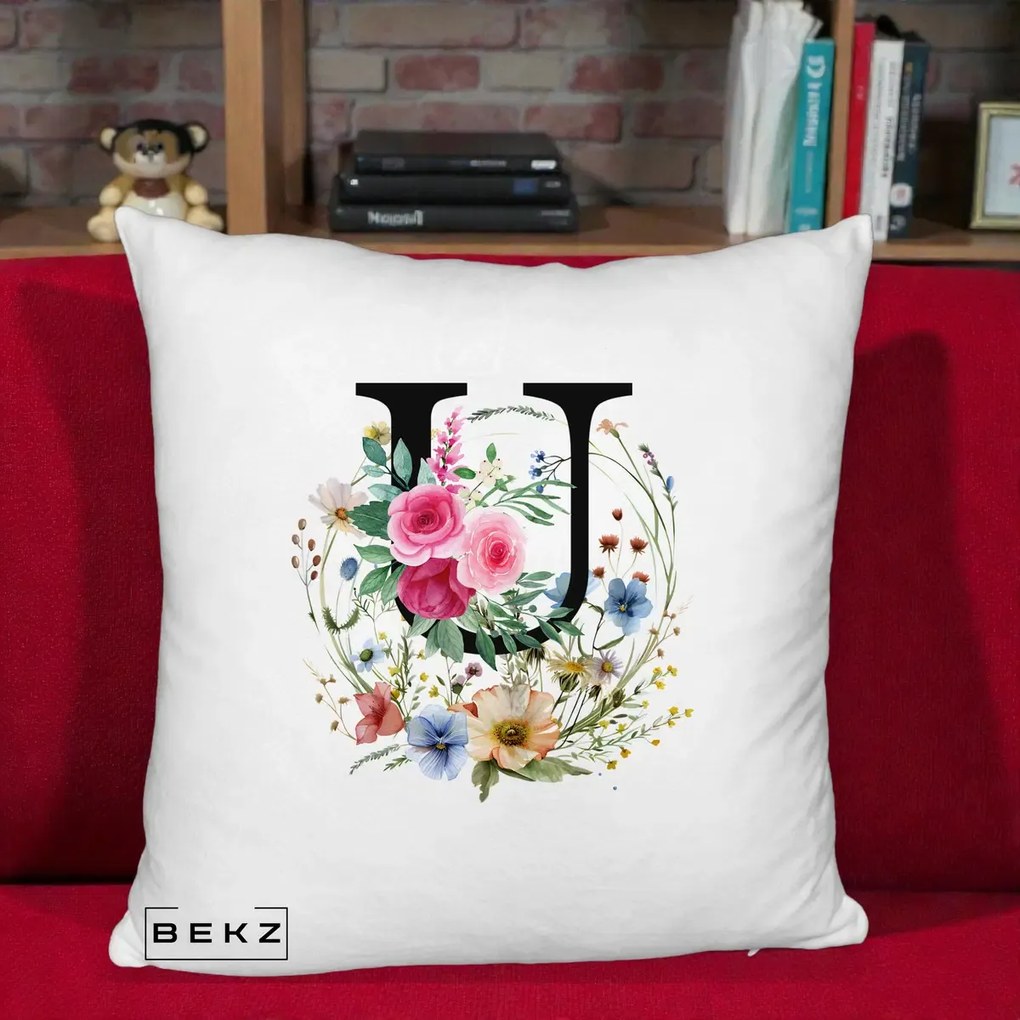 Cadou Personalizat - Perna Personalizata Monogram Litera U cu Flori Acuarela, 40x40 cm, Alb Pufos, Husa Detasabila, Perna Inclusa, BEKZ®