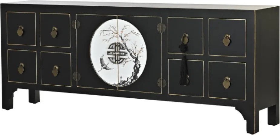 Comodă TV living din lemn, negru, cu 2 uși, 8 sertare și medalion oriental cu ramură înflorită, 51 x 130 x 26 cm, „Zenora”