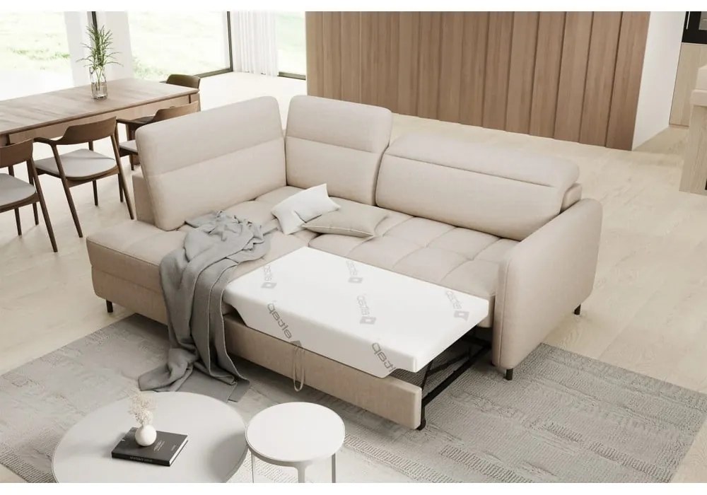 Colțar bej extensibil/cu spațiu de depozitare cu tapițerie din catifea (cu colț pe partea stângă/în formă de ”L”) Barea – ELTAP