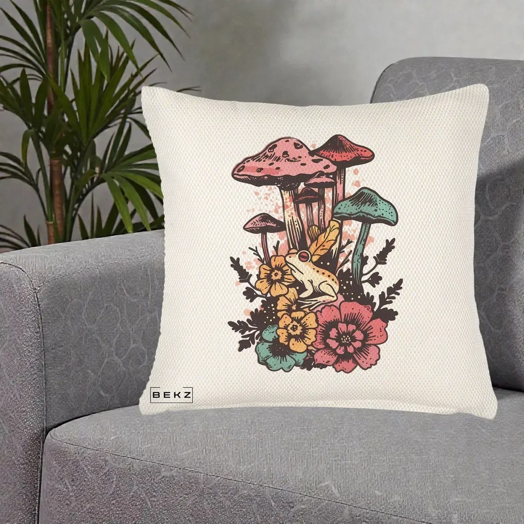 Perna Decorativa Ciuperci si Broaste Boho, 40x40 cm, Crem Reliefat, Husa Detasabila, Perna Inclusa, BEKZ®