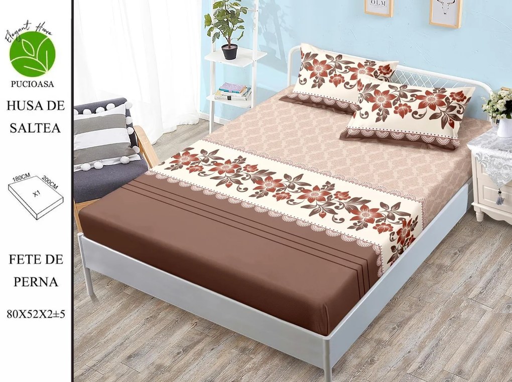 Husa de pat cu elastic 180x200 din Bumbac Finet + 2 Fete de Perna - Brown With Flowers