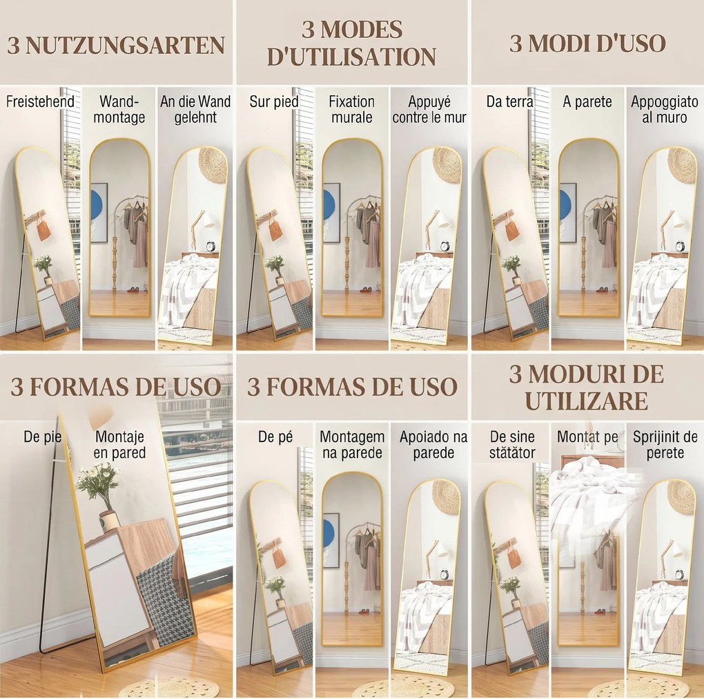 HOMCOM Oglindă de Podea și Perete cu Suport Pliabil, 50x161.5cm, Auriu | Aosom Romania