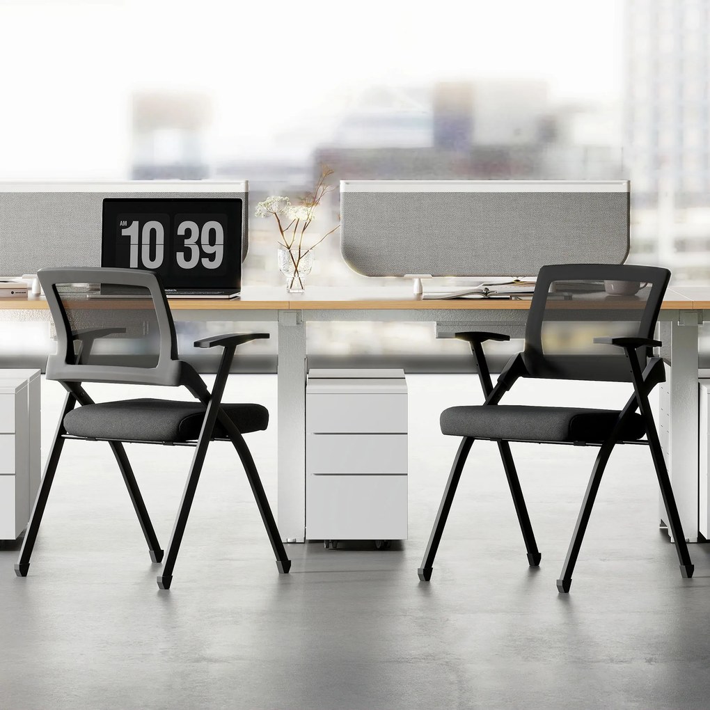 HOMCOM Set de 2 Scaune Pliabile în Material Textil cu Efect de In cu Spătar Curbat și Brațe, Scaune Portabile Salvaspațiu din Oțel, pentru Casă, Birou, Bucătărie, Evenimente, 61x56x84 cm, Negru | Aosom Romania