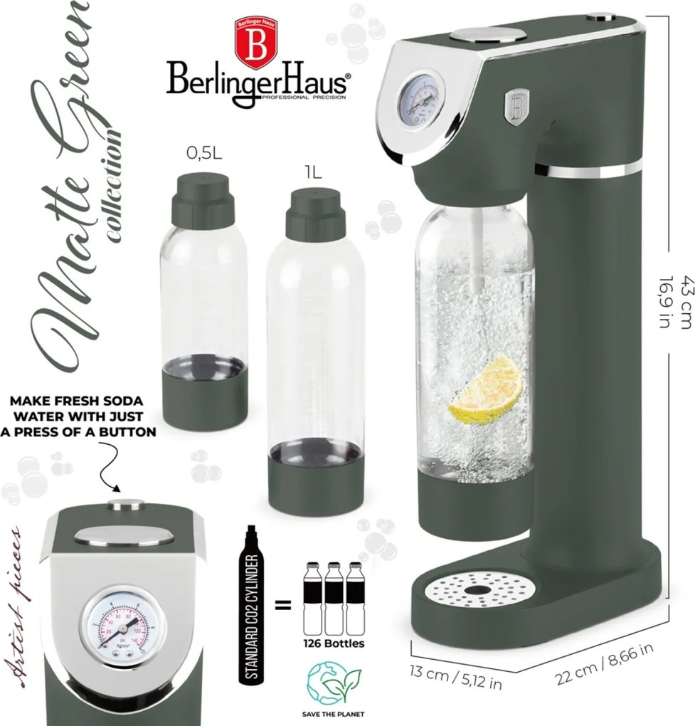 Aparat preparare bauturi carbogazoase Green Matt Berlinger Haus BH 9785N, verde mat, include 2 sticle reutilizabile