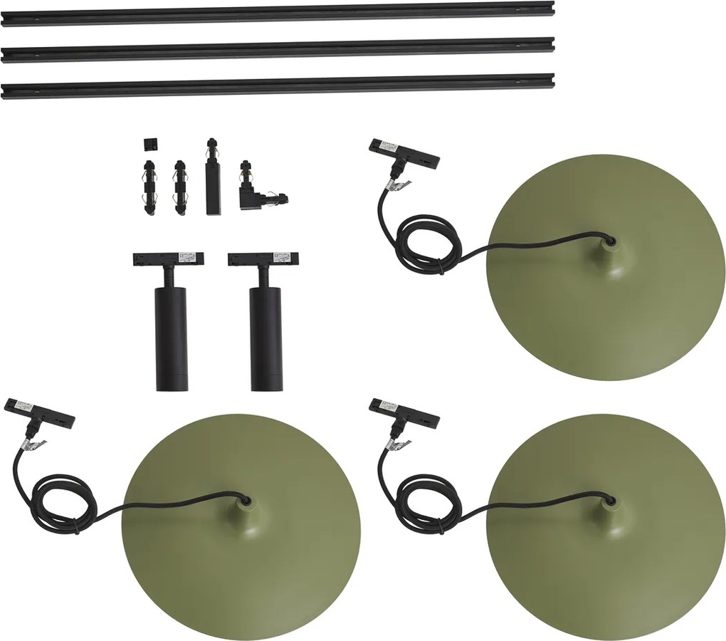 Sistem de iluminat pe șină modern negru cu 2 spoturi și 3 lămpi suspendate verzi monofazate - Slimline Uzzy Panzi