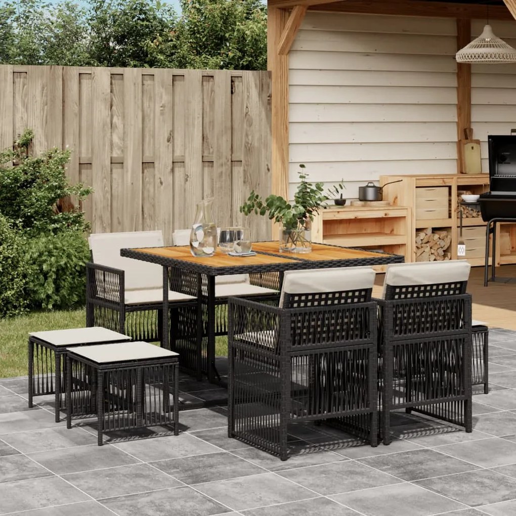 vidaXL Set mobilier de grădină cu perne, 9 piese, negru, poliratan