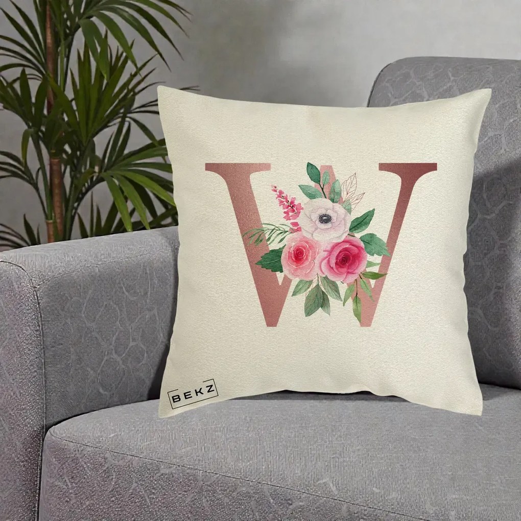 Cadou Personalizat - Perna Personalizata Monograma Rose Gold Litera W cu Trandafiri si Anemona, 40x40 cm, Ecru, Husa Detasabila, Perna Inclusa, BEKZ®