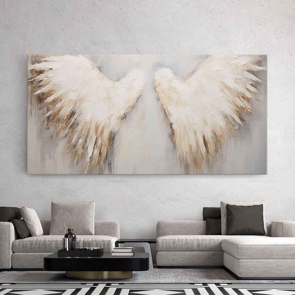 Tablou Canvas, 60x120cm, Dormitor si Living, Moderne, Textura de pictura, Cream White Wings
