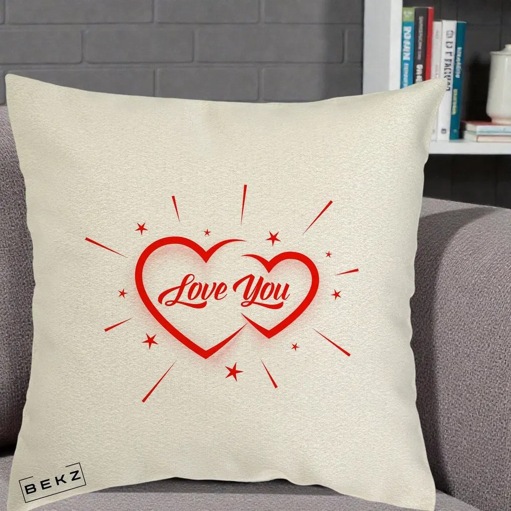 Cadou Romantic - Perna Personalizata Love You Doua Inimi, 40x40 cm, Ecru, Husa Detasabila, Perna Inclusa, BEKZ®