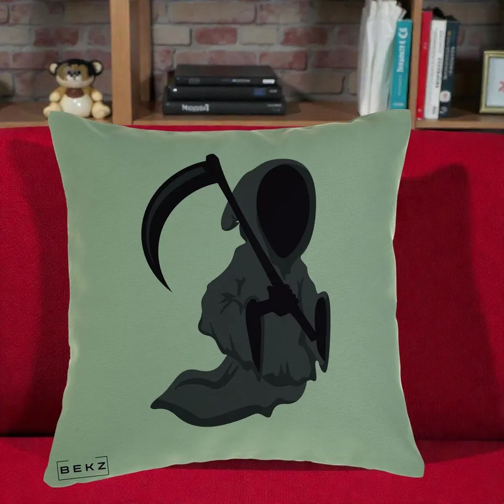 Perna Decorativa Moartea cu Coasa Grim Reaper Halloween, 40x40 cm, Verde, Husa Detasabila, Perna Inclusa, BEKZ®