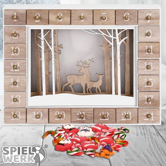 Calendar advent din lemn PĂDUREA DE IARNĂ cu iluminare, 35x6x27cm, alb/maro Spielwerk