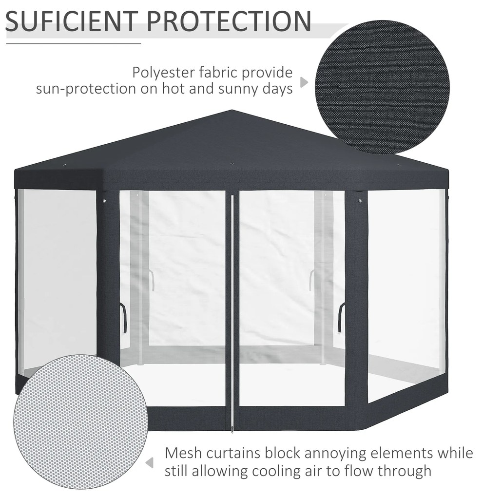 Outsunny Pavilion 4x4 m de Gradina Hexagonal cu Pereti din Plasa, 2 Usi si Picioare Reglabile, Pavilion din Metal si Poliester | Aosom Romania