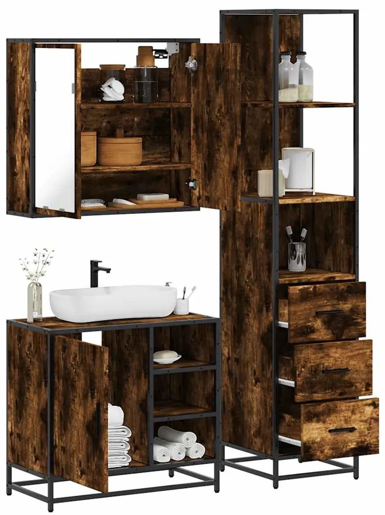 vidaXL Set mobilier de baie, 3 piese, stejar fumuriu, lemn prelucrat