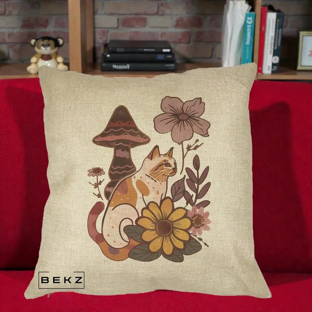 Perna Decorativa Pisica Vintage Florala Boho, 40x40 cm, Crem, Husa Detasabila, Perna Inclusa, BEKZ®