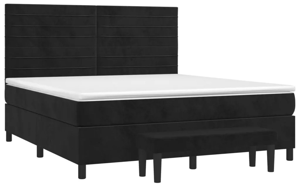 Pat box spring cu saltea, negru, 160x200 cm, catifea Negru, 160 x 200 cm, Benzi orizontale