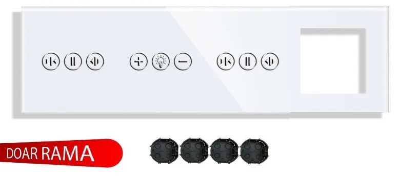 Panou întrerupător perdele/jaluzele+dimmer+perdele/jaluzele+rama priză din sticlă M1