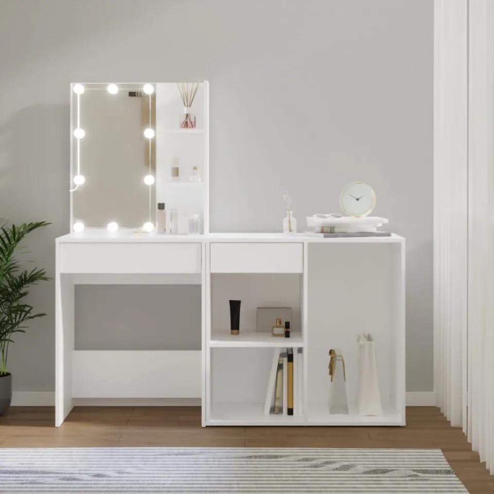 Măsuță de toaletă cu LED și dulap, alb, lemn prelucrat