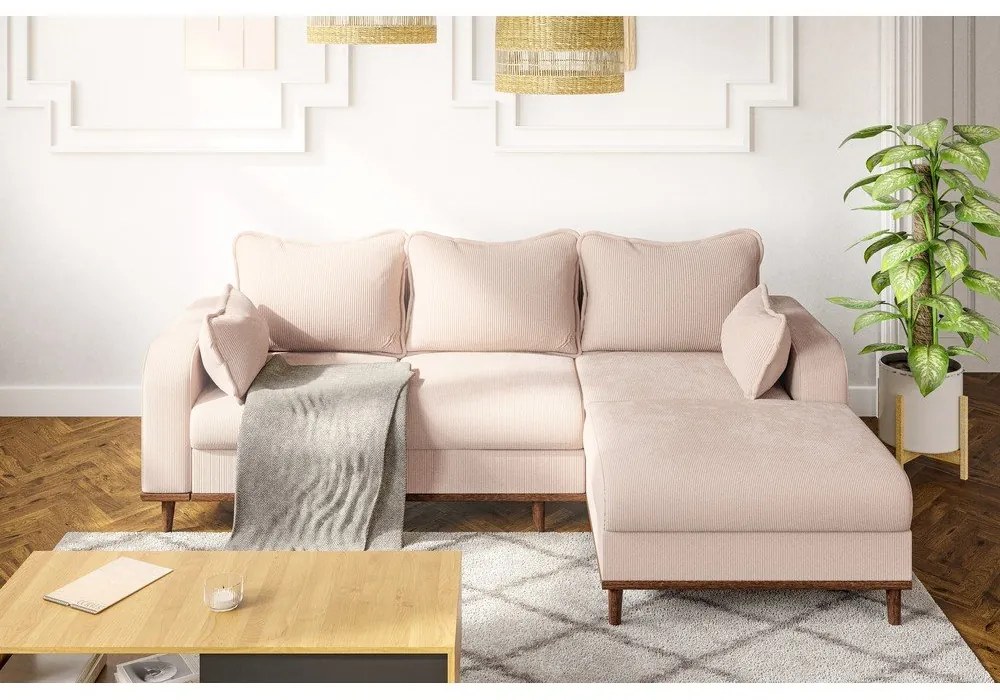 Colțar bej cu tapițerie din catifea reiată (cu colț pe partea dreaptă) Beata – Ropez