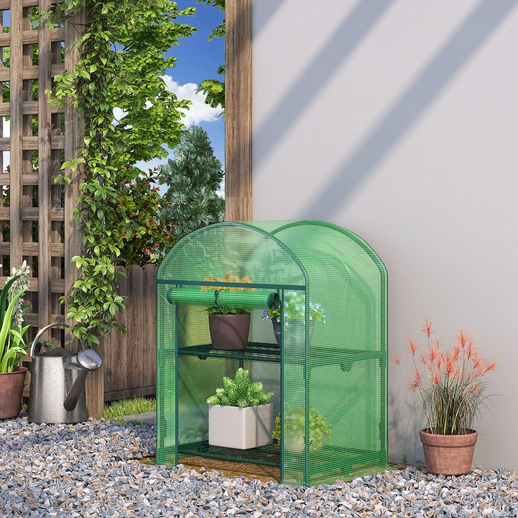 Outsunny Mini Seră de Grădină cu 2 Rafturi Metalice și Acoperiș PE, Seră Compactă pentru Balcon și Terasă, 69x49x91 cm, Verde | Aosom Romania