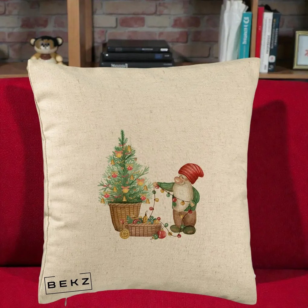 Perna Decorativa Pitic de Craciun cu Brad, 40x40 cm, Bej, Husa Detasabila, Perna Inclusa, BEKZ®