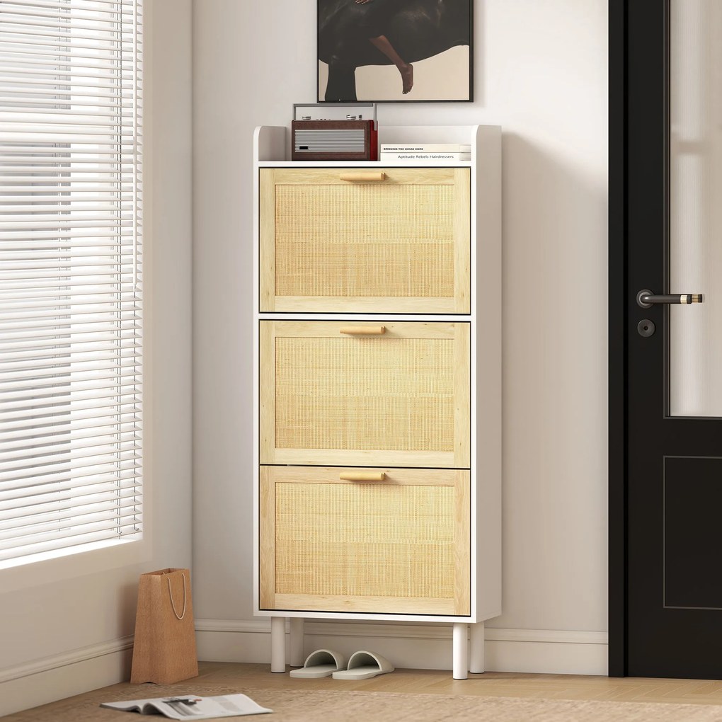 HOMCOM Dulap pentru pantofi 3 uși rabatabile etajeră efect rășină împletită design boem 65 x 24,5 x 153 cm alb | Aosom Romania
