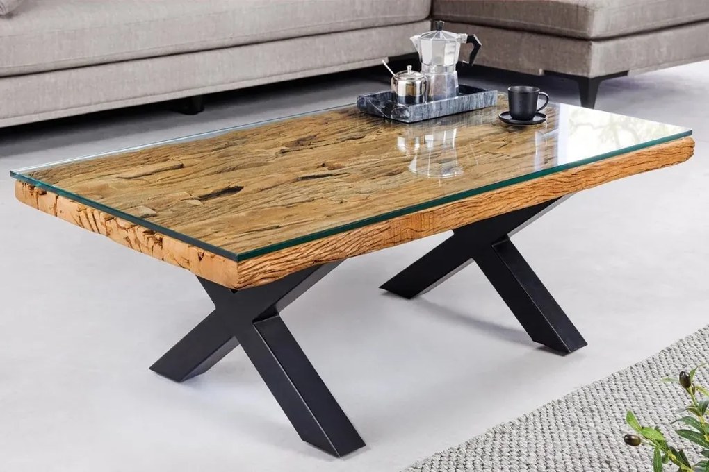 Masuta design high-tech din metal si lemn masiv, Barracuda 110cm