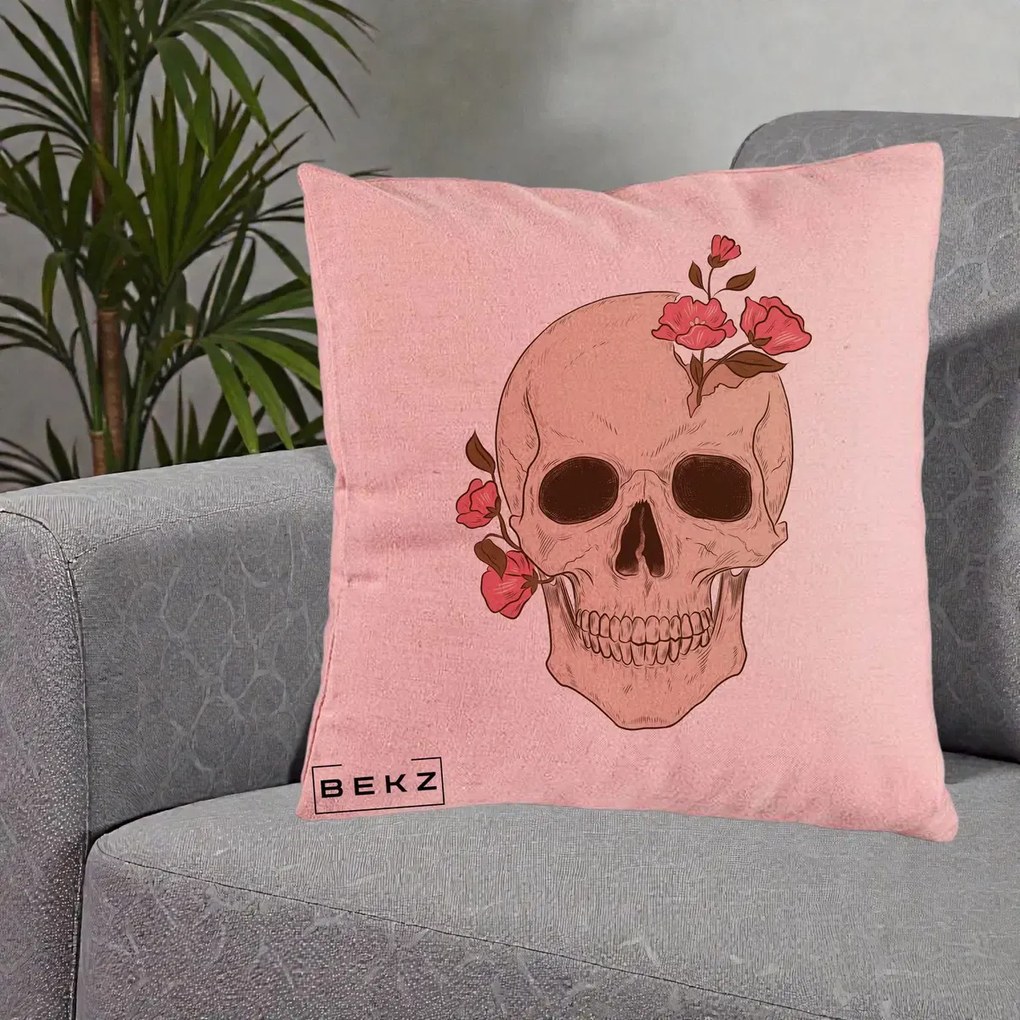 Perna Decorativa Craniu Floral Gothic, 40x40 cm, Roz, Husa Detasabila, Perna Inclusa, BEKZ®